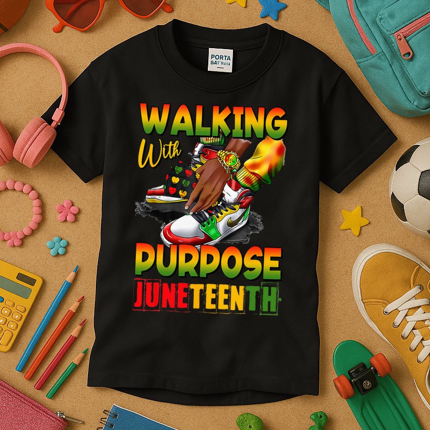 Shoes Steppin' Into Juneteenth Walking With Purpose Kids T-Shirt