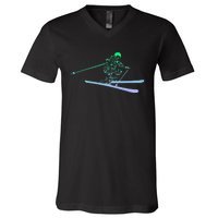 Silhouette Ski Icon For Skiier Ski Skiing V-Neck T-Shirt