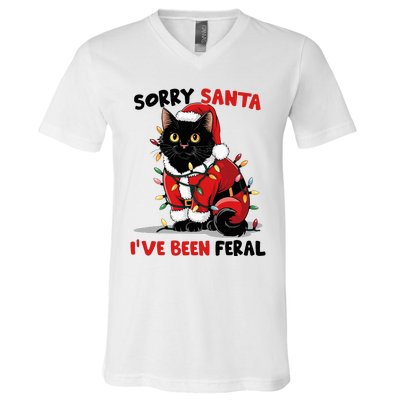 Sorry Santa IVe Been Feral Black Cat Christmas Funny V-Neck T-Shirt