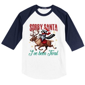 Sorry Santa Ive Been Feral Raccoon Riding Reindeer Christmas Xmas Holiday Baseball Sleeve Shirt