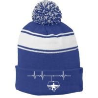 Ski Skiing Instructor Skier Sitting In Lift With Heartbeat Great Gift Stripe Pom Pom Beanie