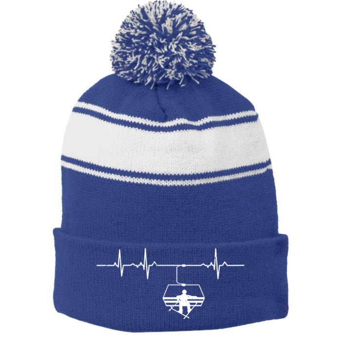 Ski Skiing Instructor Skier Sitting In Lift With Heartbeat Great Gift Stripe Pom Pom Beanie