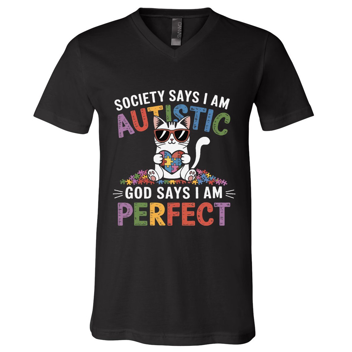 Society Says I Am Autistic God Says I Am Perfect Autism Cat V-Neck T-Shirt