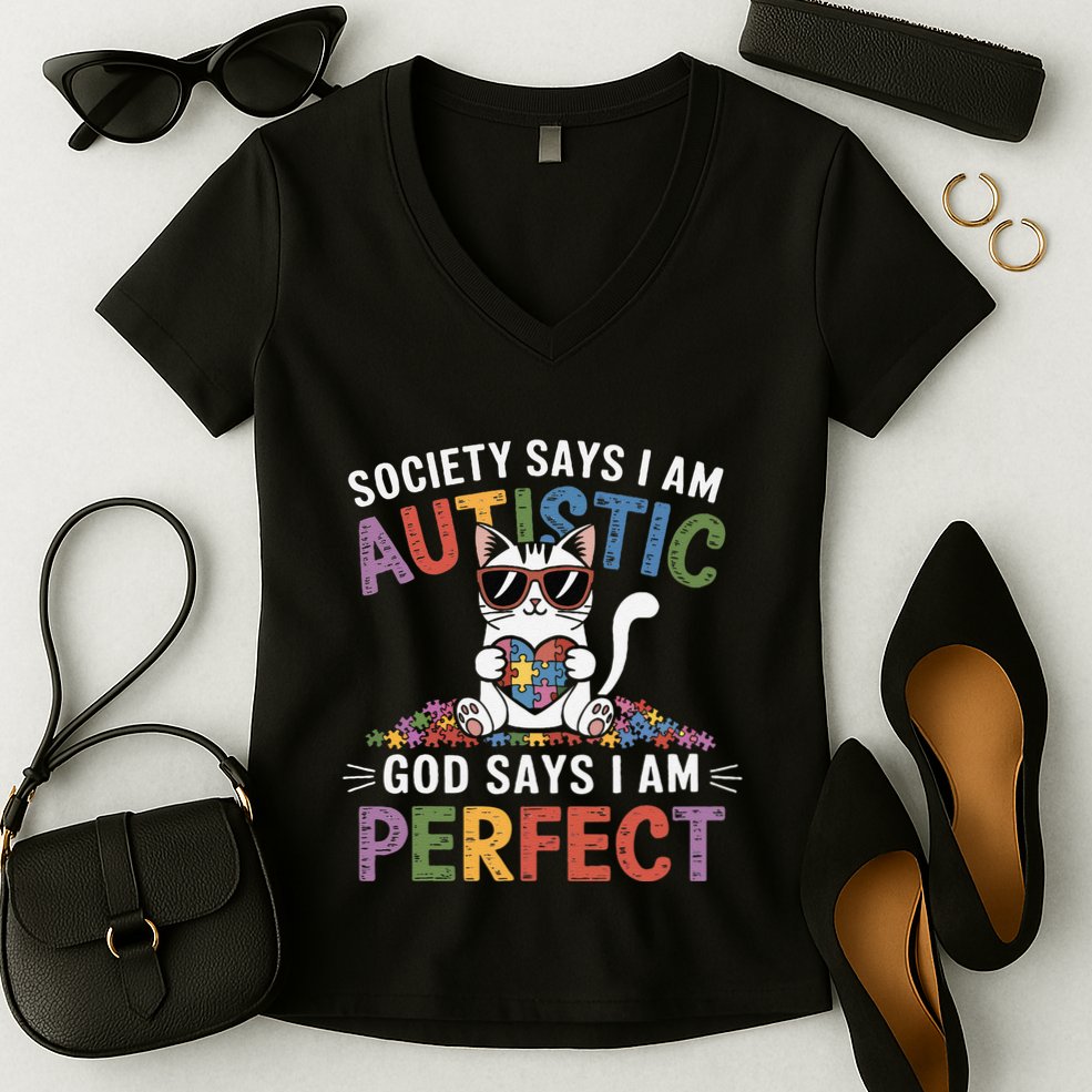 Society Says I Am Autistic God Says I Am Perfect Autism Cat Women's V-Neck T-Shirt