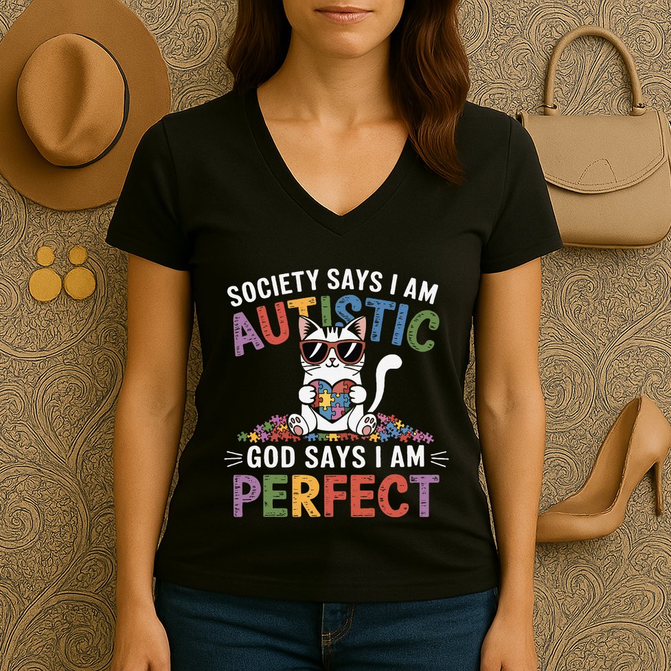 Society Says I Am Autistic God Says I Am Perfect Autism Cat Women's V-Neck T-Shirt