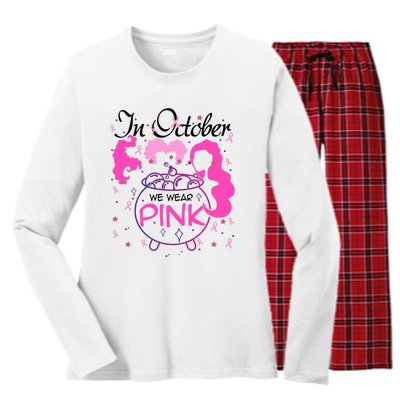 Sanderson Sisters In October We Wear Breast Cancer Awareness Witch Women's Long Sleeve Flannel Pajama Set 