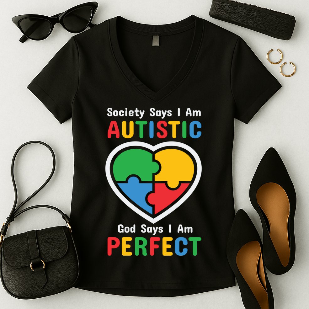 Society Says I Am Autistic God Says I Am Perfect Autism Awareness Mother's Day Women's V-Neck T-Shirt