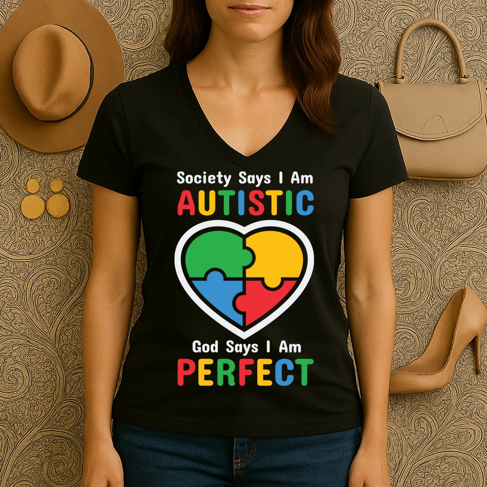 Society Says I Am Autistic God Says I Am Perfect Autism Awareness Mother's Day Women's V-Neck T-Shirt