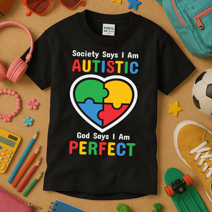 Society Says I Am Autistic God Says I Am Perfect Autism Awareness Mother's Day Kids T-Shirt