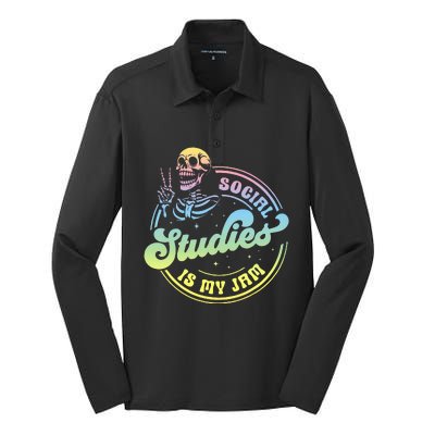 Social Studies Is My Jam Skeleton History Teacher Costume Silk Touch Performance Long Sleeve Polo