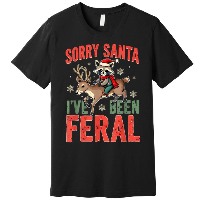 Sorry Santa I’Ve Been Feral Funny Raccoon Christmas Premium T-Shirt