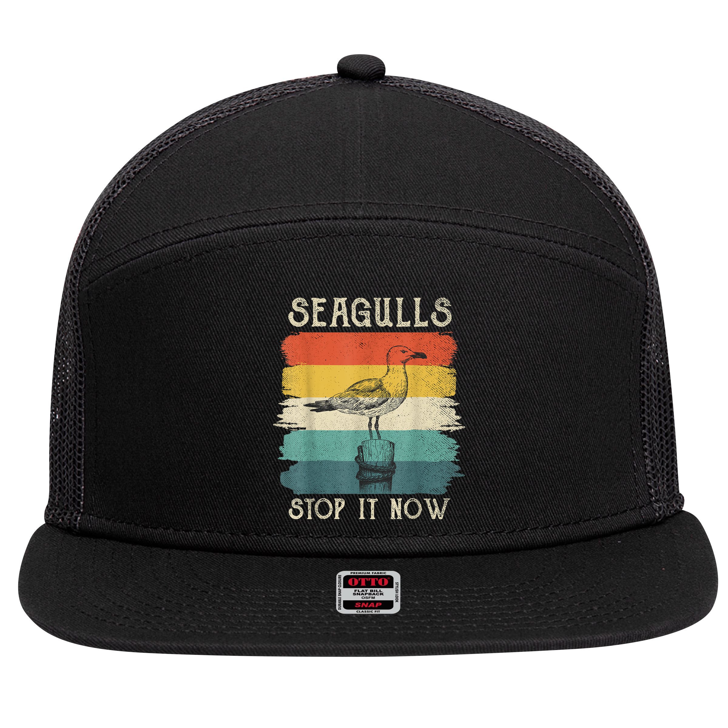 Seagulls Stop It Now Bird Lover 80s Retro Funny Seagull 7 Panel Mesh Trucker Snapback Hat