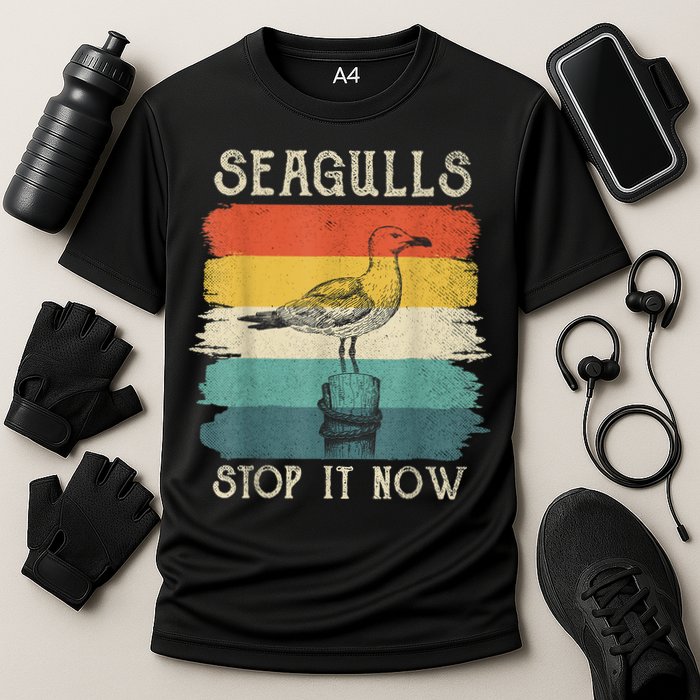 Seagulls Stop It Now Bird Lover 80s Retro Funny Seagull Cooling Performance Crew T-Shirt
