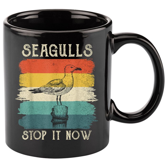 Seagulls Stop It Now Bird Lover 80s Retro Funny Seagull 11oz C Handle Ceramic Mug