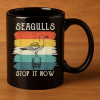 Seagulls Stop It Now Bird Lover 80s Retro Funny Seagull 11oz C Handle Ceramic Mug