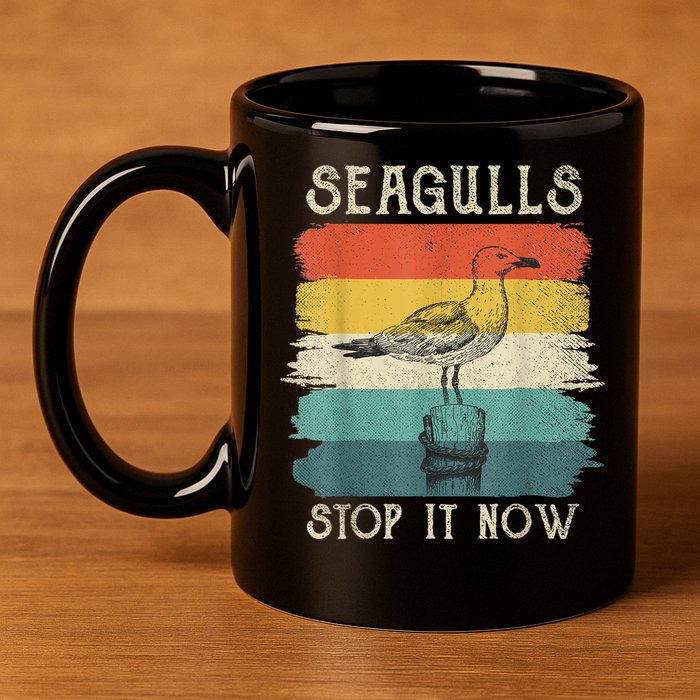 Seagulls Stop It Now Bird Lover 80s Retro Funny Seagull 11oz C Handle Ceramic Mug