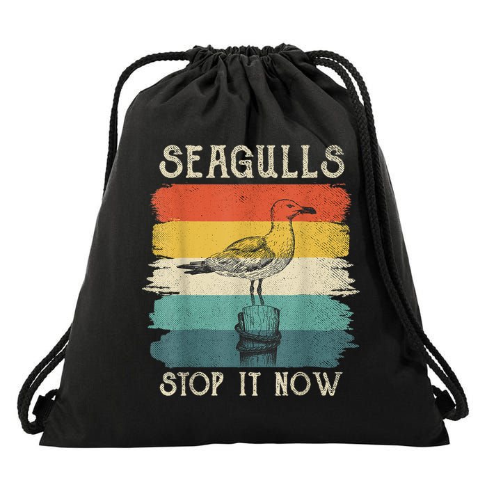 Seagulls Stop It Now Bird Lover 80s Retro Funny Seagull Drawstring Bag