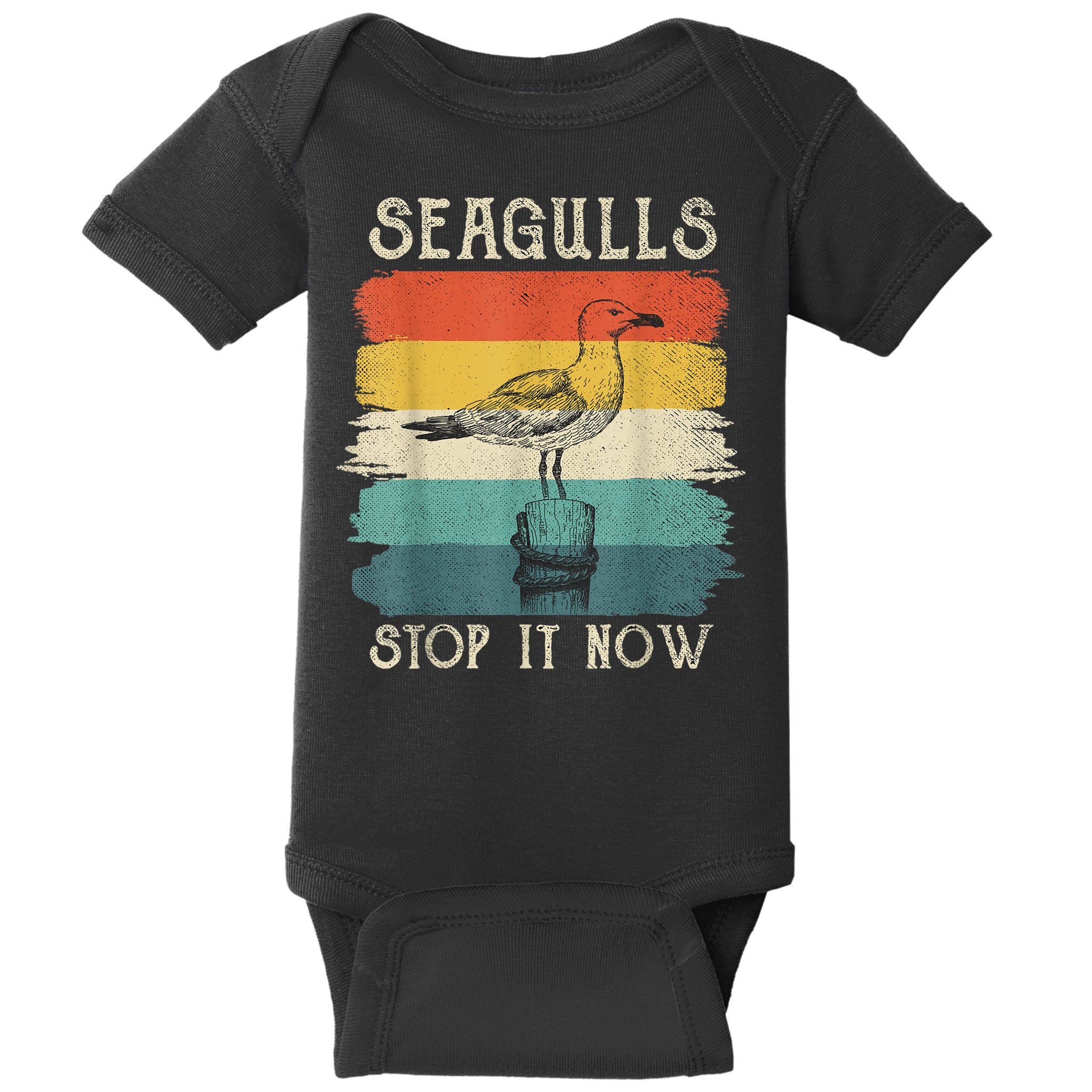 Seagulls Stop It Now Bird Lover 80s Retro Funny Seagull Baby Bodysuit