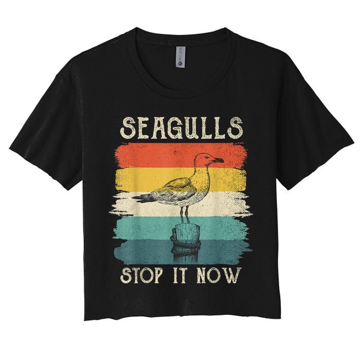 Seagulls Stop It Now Bird Lover 80s Retro Funny Seagull Women's Crop Top Tee