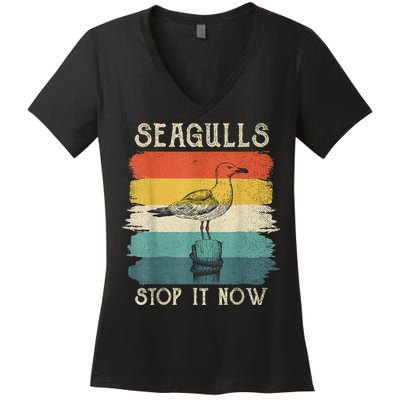 Seagulls Stop It Now Bird Lover 80s Retro Funny Seagull Women's V-Neck T-Shirt