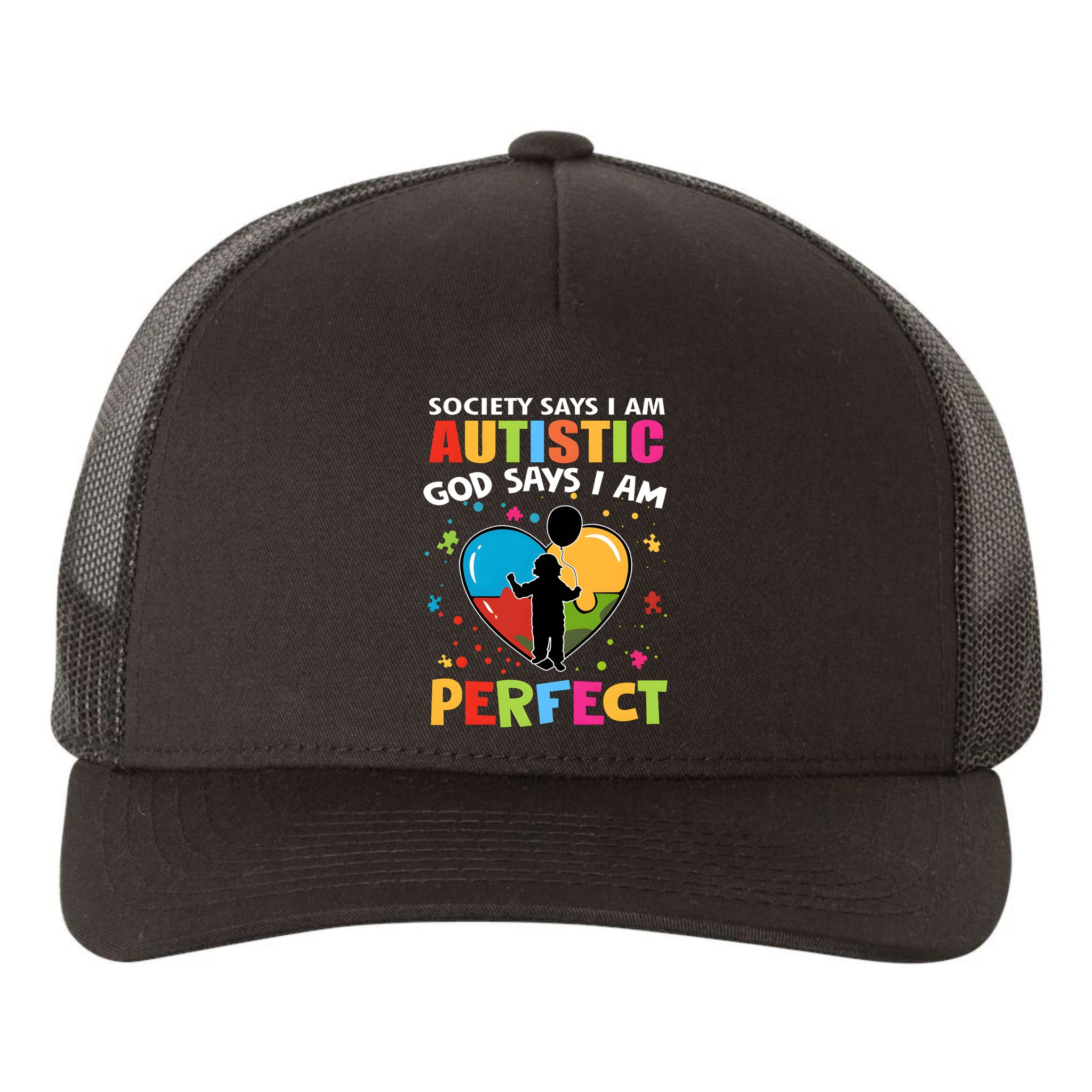 Society Says I Am Autistic God Says I Am Perfect Vintage Yupoong Adult 5-Panel Trucker Hat