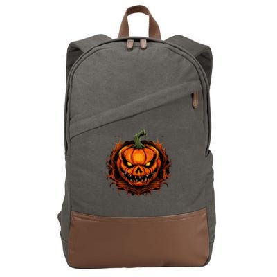 Scary Spooky Jack O Lantern Face Pumpkin Halloween Cotton Canvas Backpack