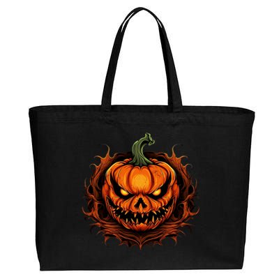 Scary Spooky Jack O Lantern Face Pumpkin Halloween Cotton Canvas Jumbo Tote