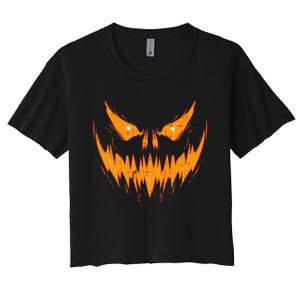 Scary Spooky Jack O Lantern Face Pumpkin Halloween Women's Crop Top Tee