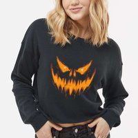 Scary Spooky Jack O Lantern Face Pumpkin Halloween Cropped Pullover Crew