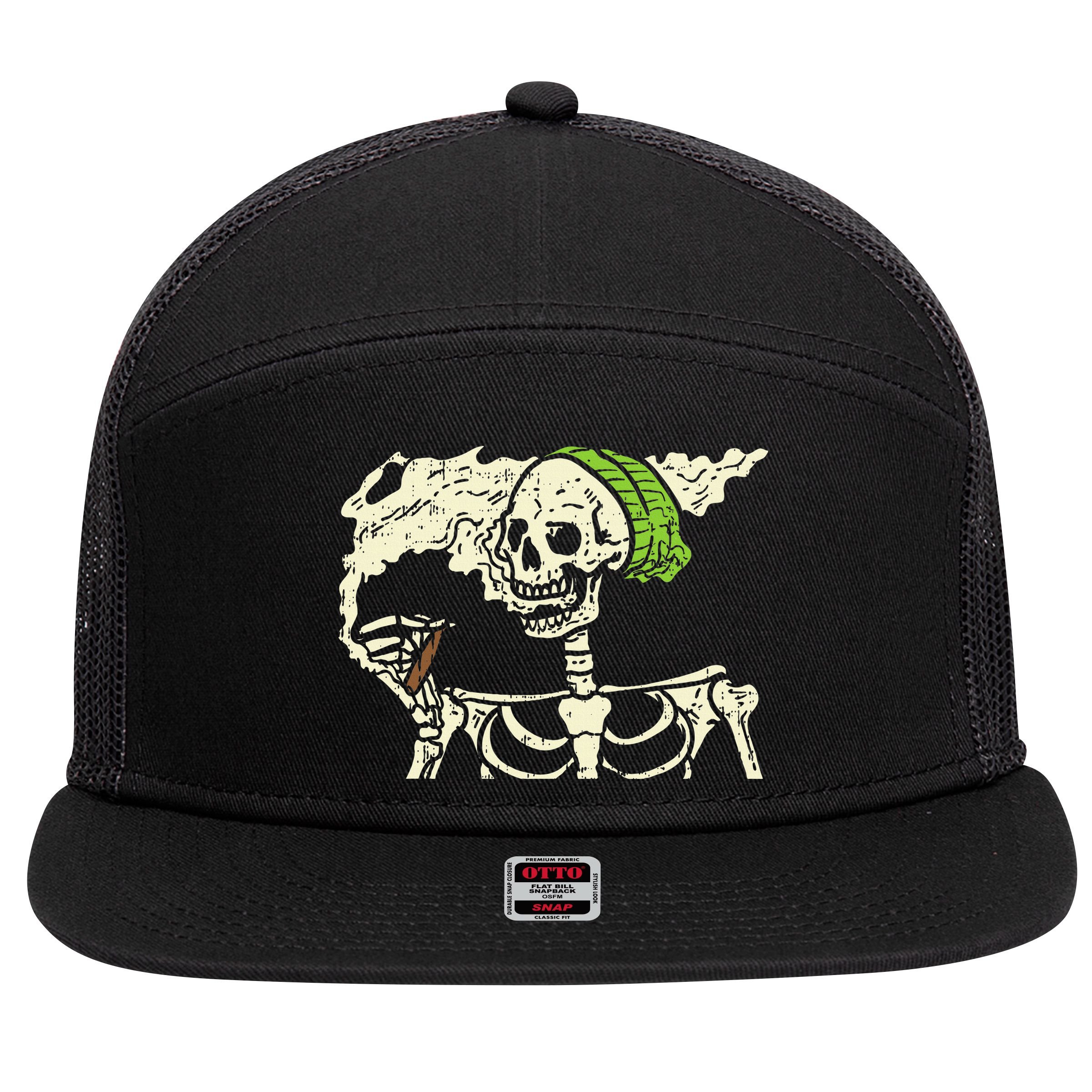 Smoking Skeleton Joint Funny Weed Pot 420 Cannabis Halloween 7 Panel Mesh Trucker Snapback Hat