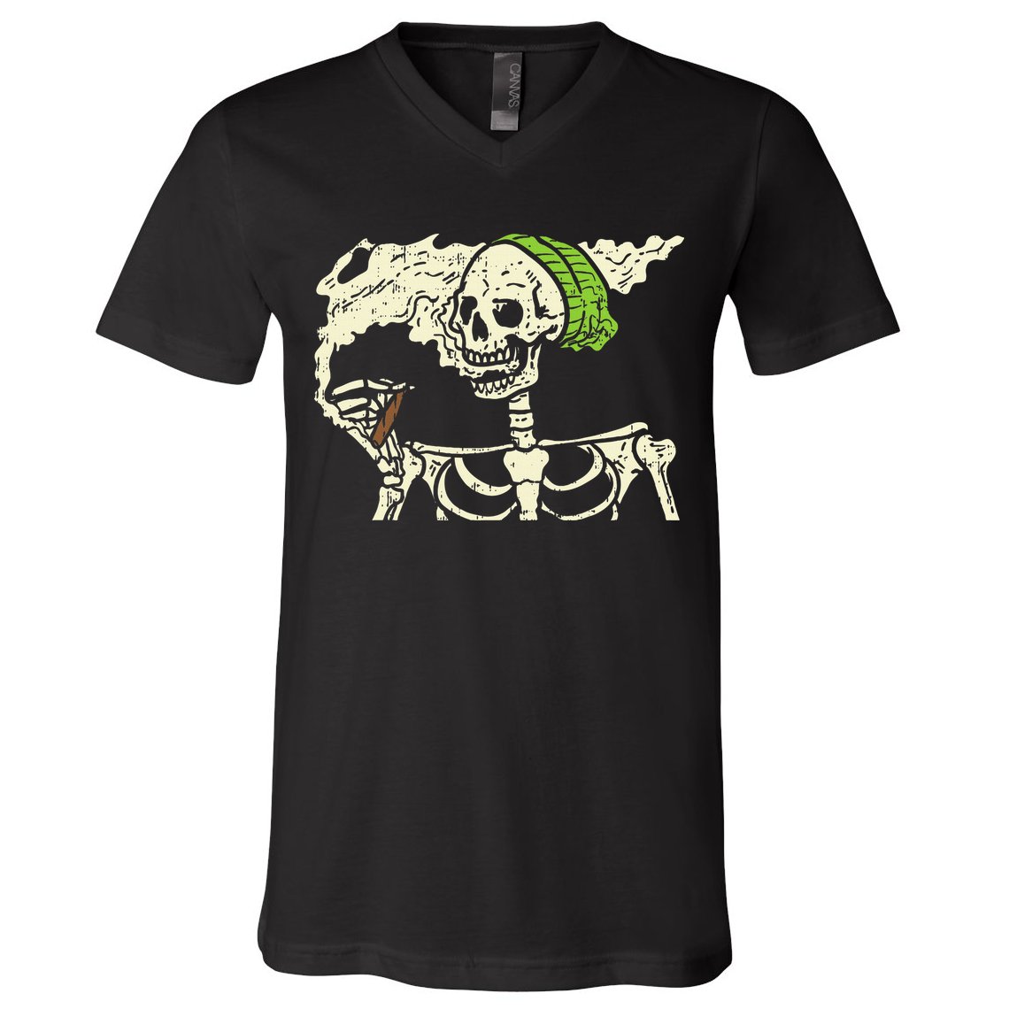 Smoking Skeleton Joint Funny Weed Pot 420 Cannabis Halloween V-Neck T-Shirt