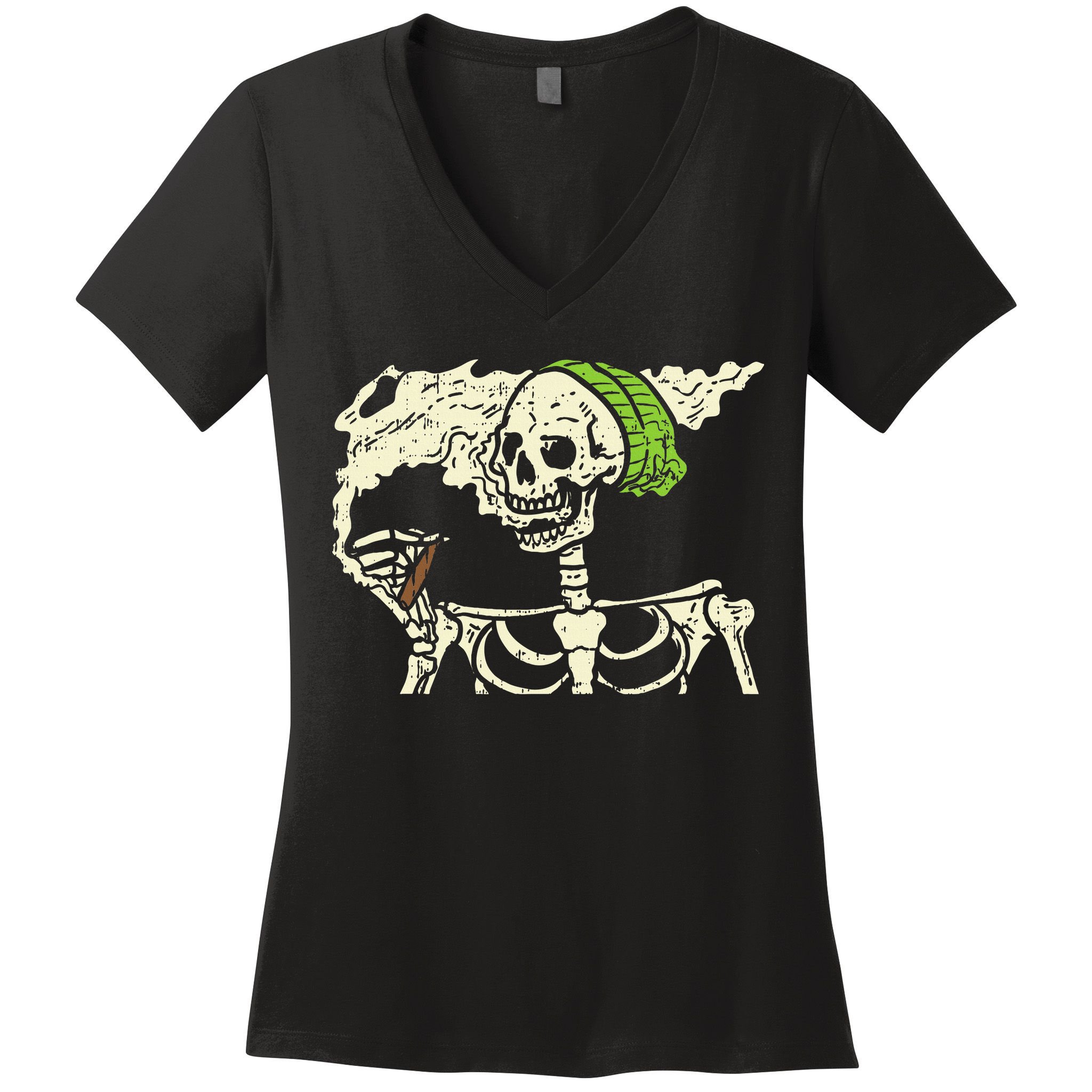 Smoking Skeleton Joint Funny Weed Pot 420 Cannabis Halloween Women's V-Neck T-Shirt