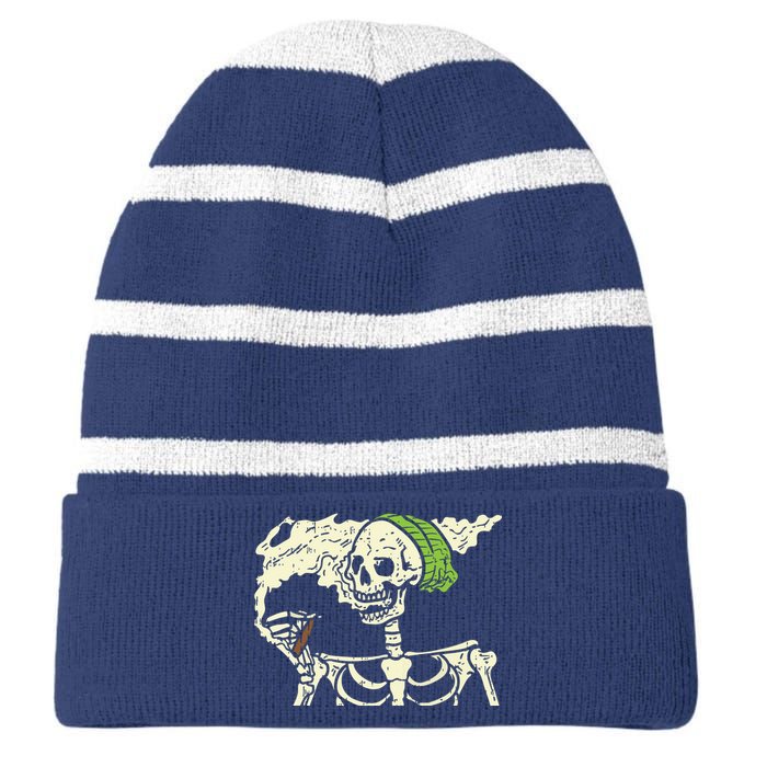 Smoking Skeleton Joint Funny Weed Pot 420 Cannabis Halloween Striped Beanie with Solid Band