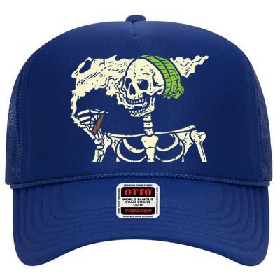 Smoking Skeleton Joint Funny Weed Pot 420 Cannabis Halloween High Crown Mesh Back Trucker Hat