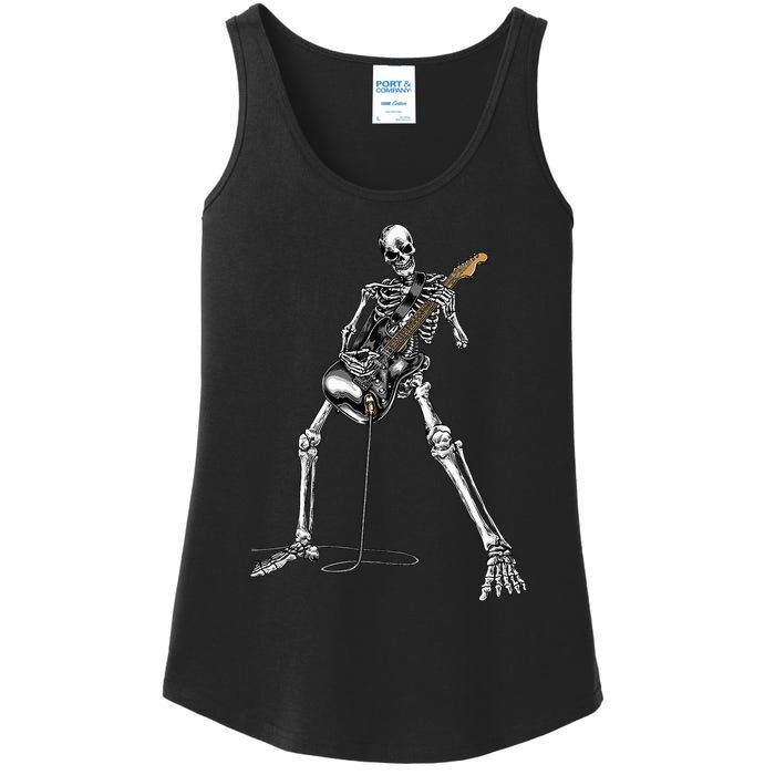 Spooky Skeleton Jamming Out in Rock Band Ladies Essential Tank