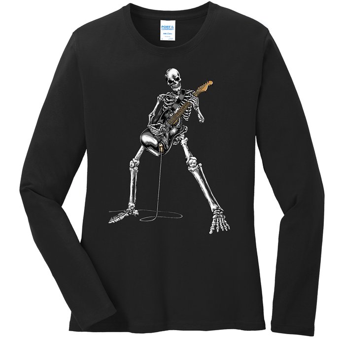 Spooky Skeleton Jamming Out in Rock Band Ladies Long Sleeve Shirt