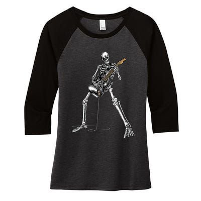 Spooky Skeleton Jamming Out in Rock Band Women's Tri-Blend 3/4-Sleeve Raglan Shirt