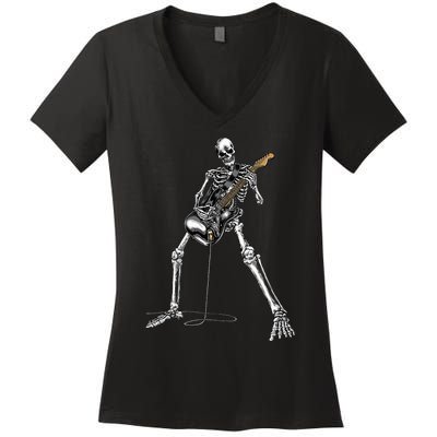 Spooky Skeleton Jamming Out in Rock Band Women's V-Neck T-Shirt