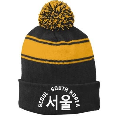 Seoul South Korea Korean Hangul College Style Retro Stripe Pom Pom Beanie