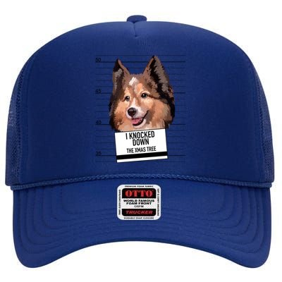 Shetland Sheepdog Knocked Down Xmas Tree Gift High Crown Mesh Back Trucker Hat