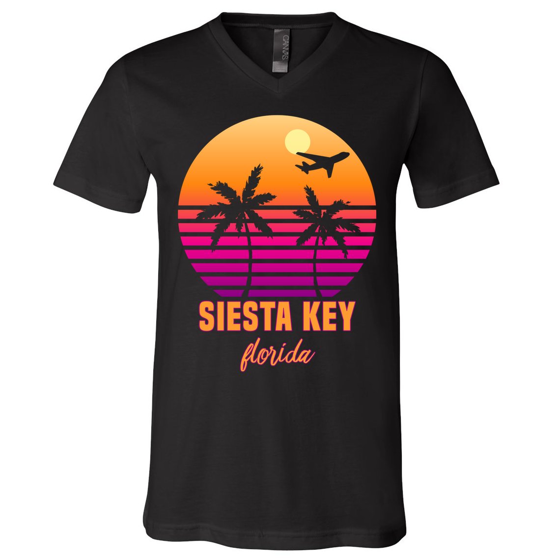 Summer, Siesta Key Florida Vintage Retro Sunset Palm Tree V-Neck T-Shirt