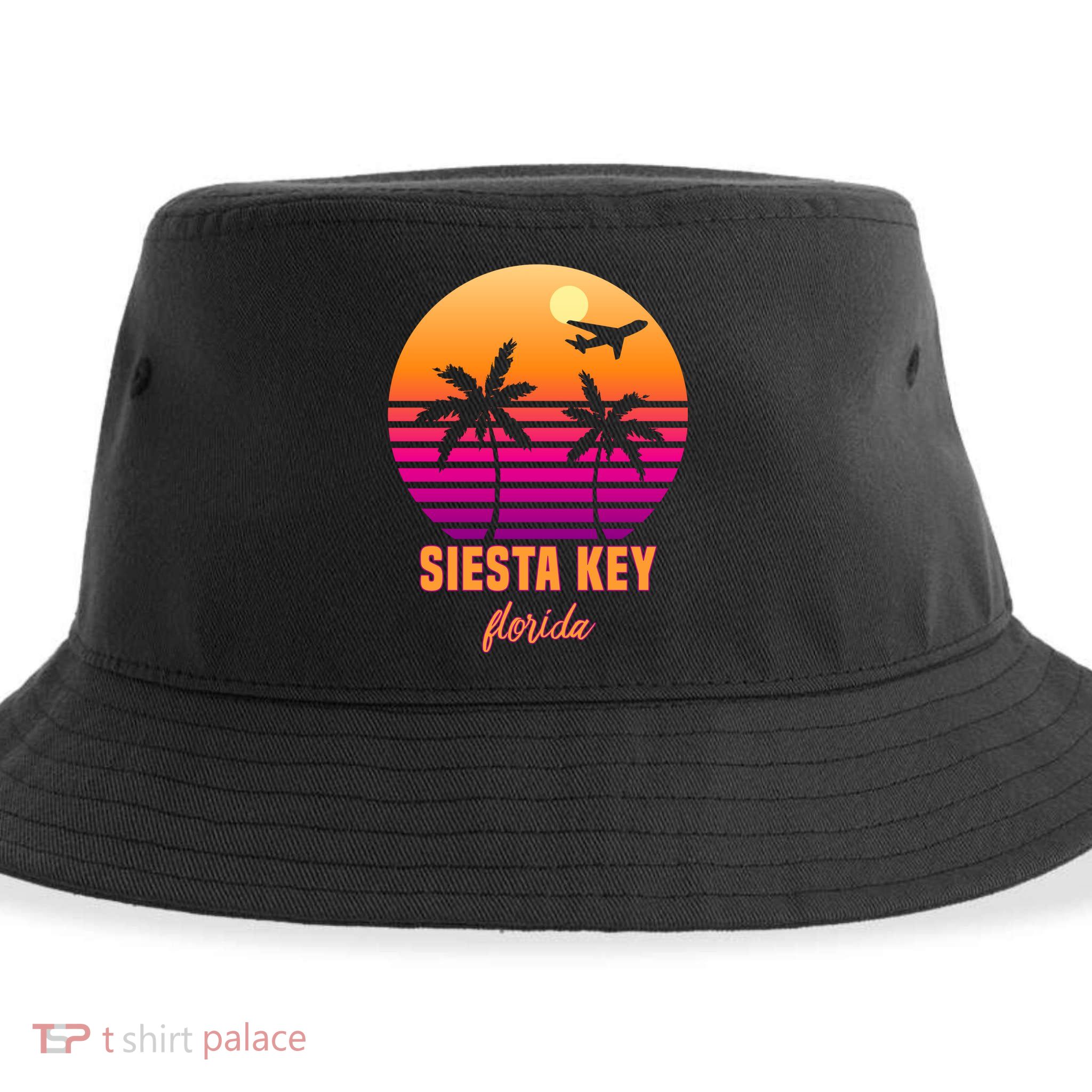 Summer, Siesta Key Florida Vintage Retro Sunset Palm Tree Sustainable Bucket Hat