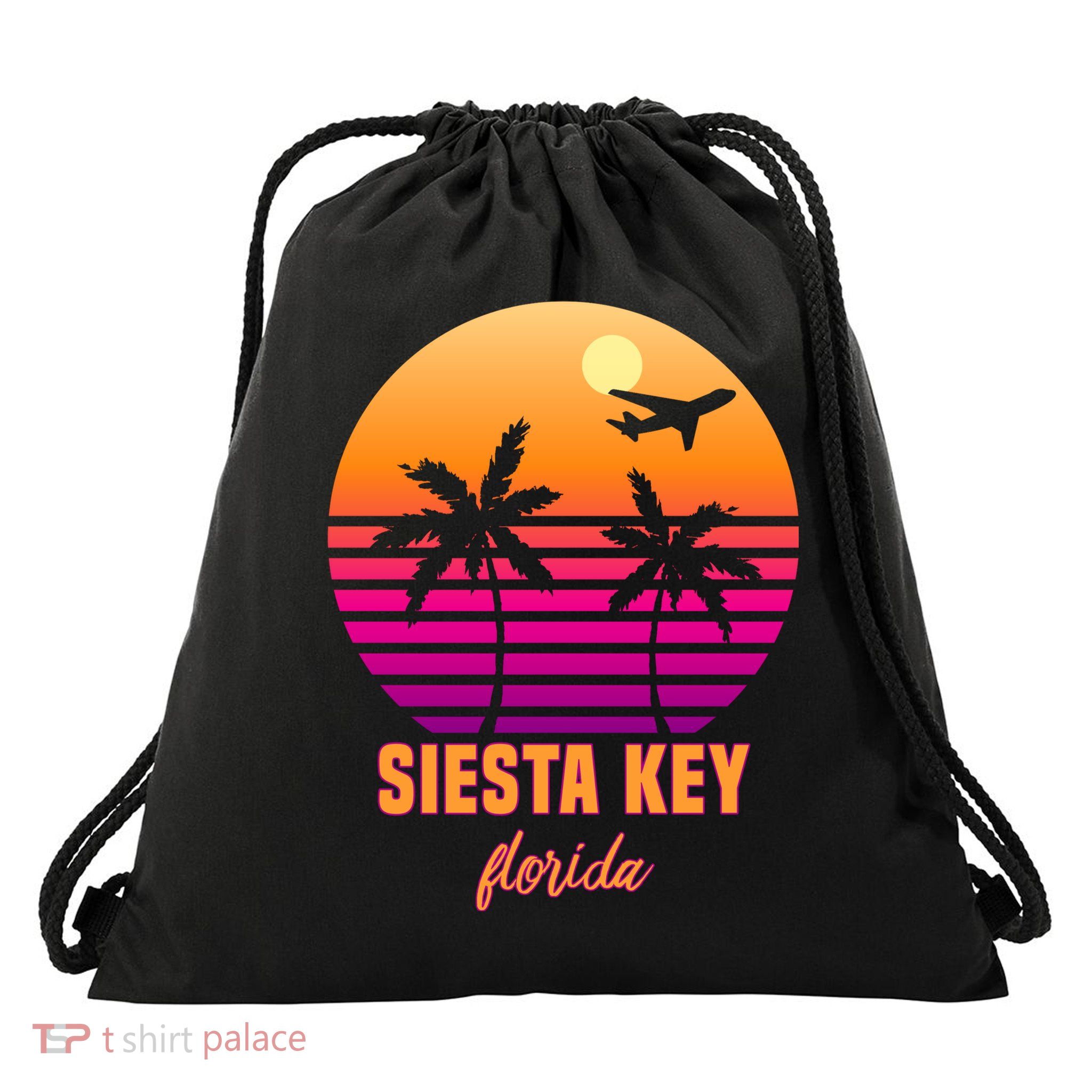 Summer, Siesta Key Florida Vintage Retro Sunset Palm Tree Drawstring Bag