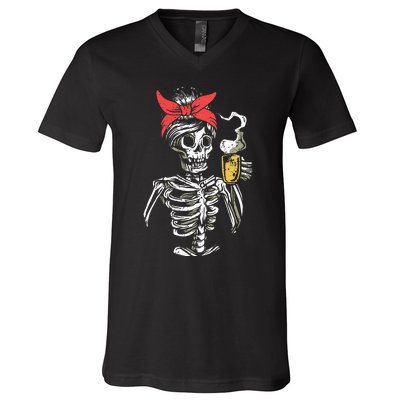 Scary Skeleton Lazy Halloween Costume V-Neck T-Shirt