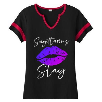 Sagittarius Slay Lipstick Lips Birthday S Gift Ladies Halftime Notch Neck Tee