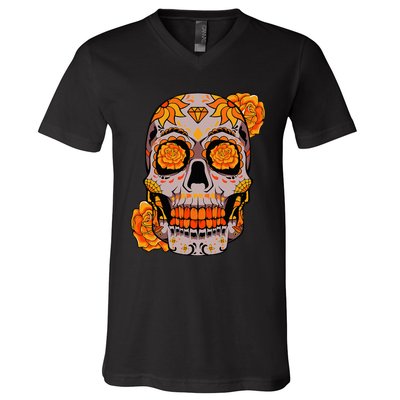 Sugar Skull Lazy Halloween Costume Cool Mexican Bones V-Neck T-Shirt