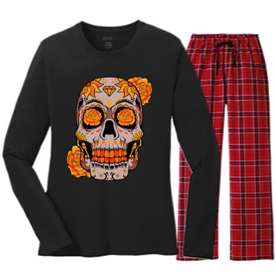 Sugar Skull Lazy Halloween Costume Cool Mexican Bones Women's Long Sleeve Flannel Pajama Set 