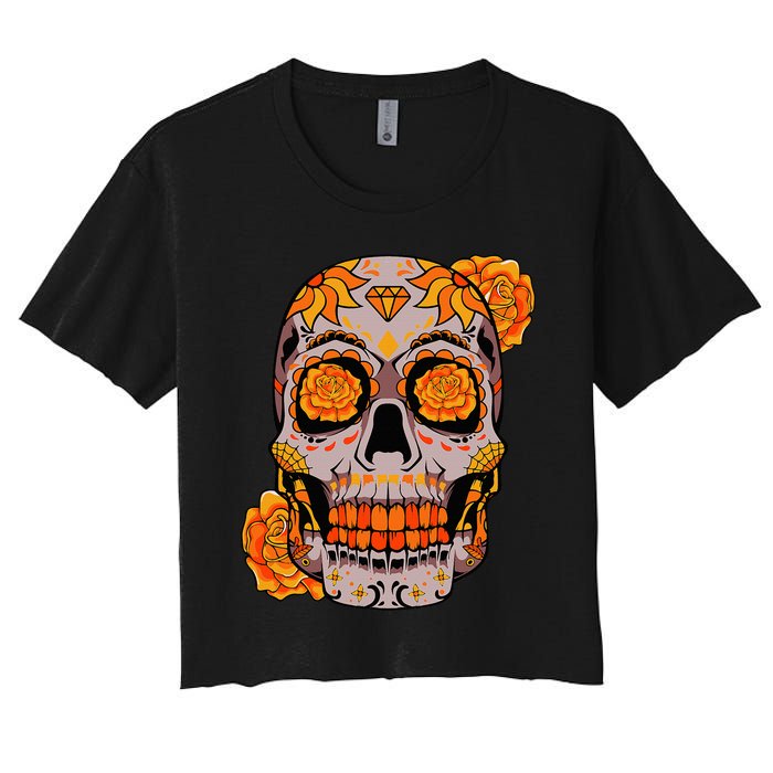 Sugar Skull Lazy Halloween Costume Cool Mexican Bones Women's Crop Top Tee