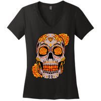 Sugar Skull Lazy Halloween Costume Cool Mexican Bones Women's V-Neck T-Shirt