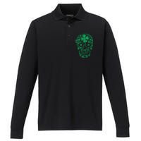 Shamrock Skull, Lucky Clover Leaf Irish Skull Performance Long Sleeve Polo